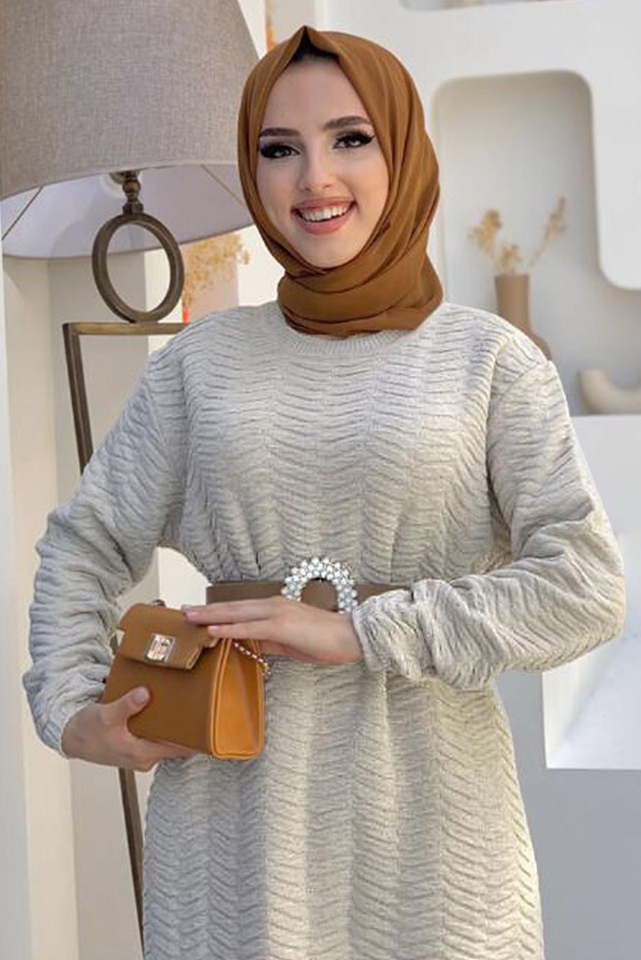 Tesettür giyim BEJ KENDİNDEN DESENLİ TRİKO TUNİK 54102 