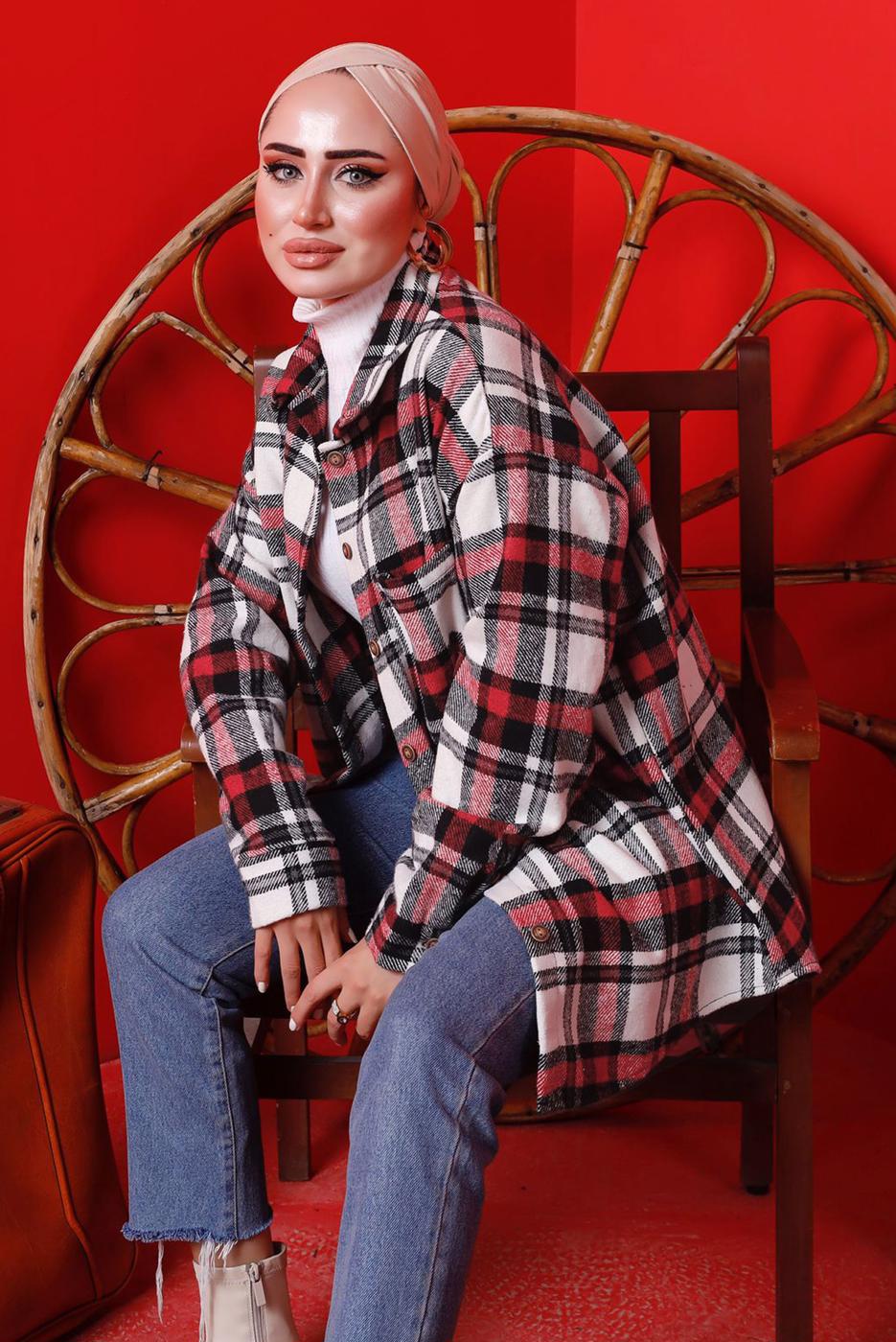 Tesettür giyim KIRMIZI DÜĞMELİ EKOSE DESEN ODUNCU GÖMLEK 6582 