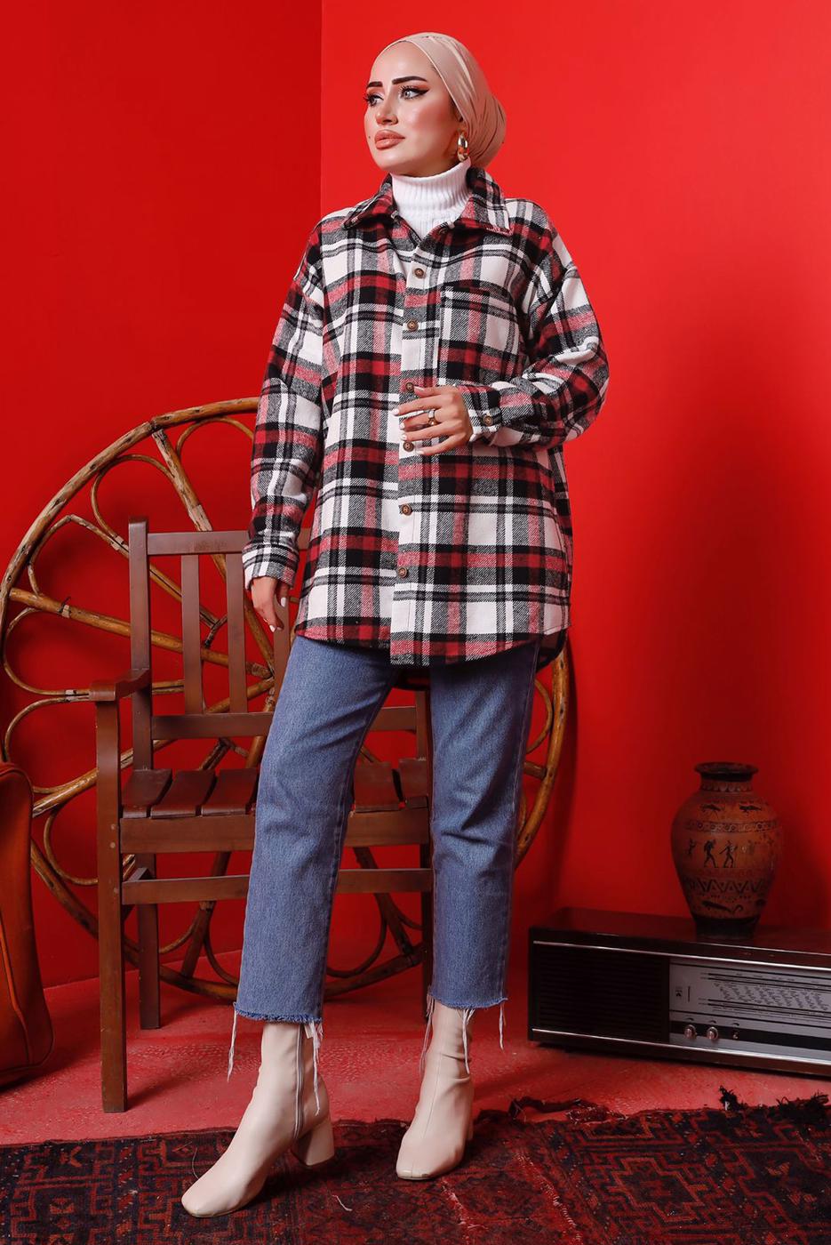 Tesettür giyim KIRMIZI DÜĞMELİ EKOSE DESEN ODUNCU GÖMLEK 6582 