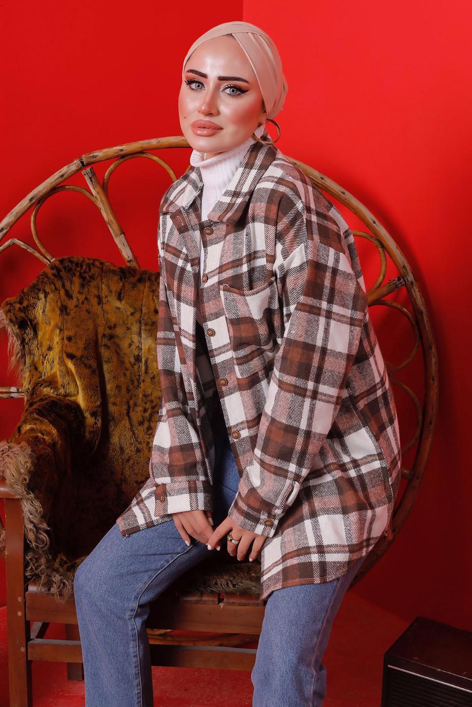 Tesettür giyim KAHVE DÜĞMELİ EKOSE DESEN ODUNCU GÖMLEK 6582 