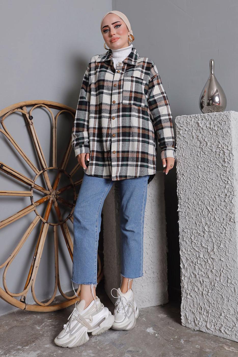 Tesettür giyim YEŞİL DÜĞMELİ EKOSE DESEN ODUNCU GÖMLEK 6582 