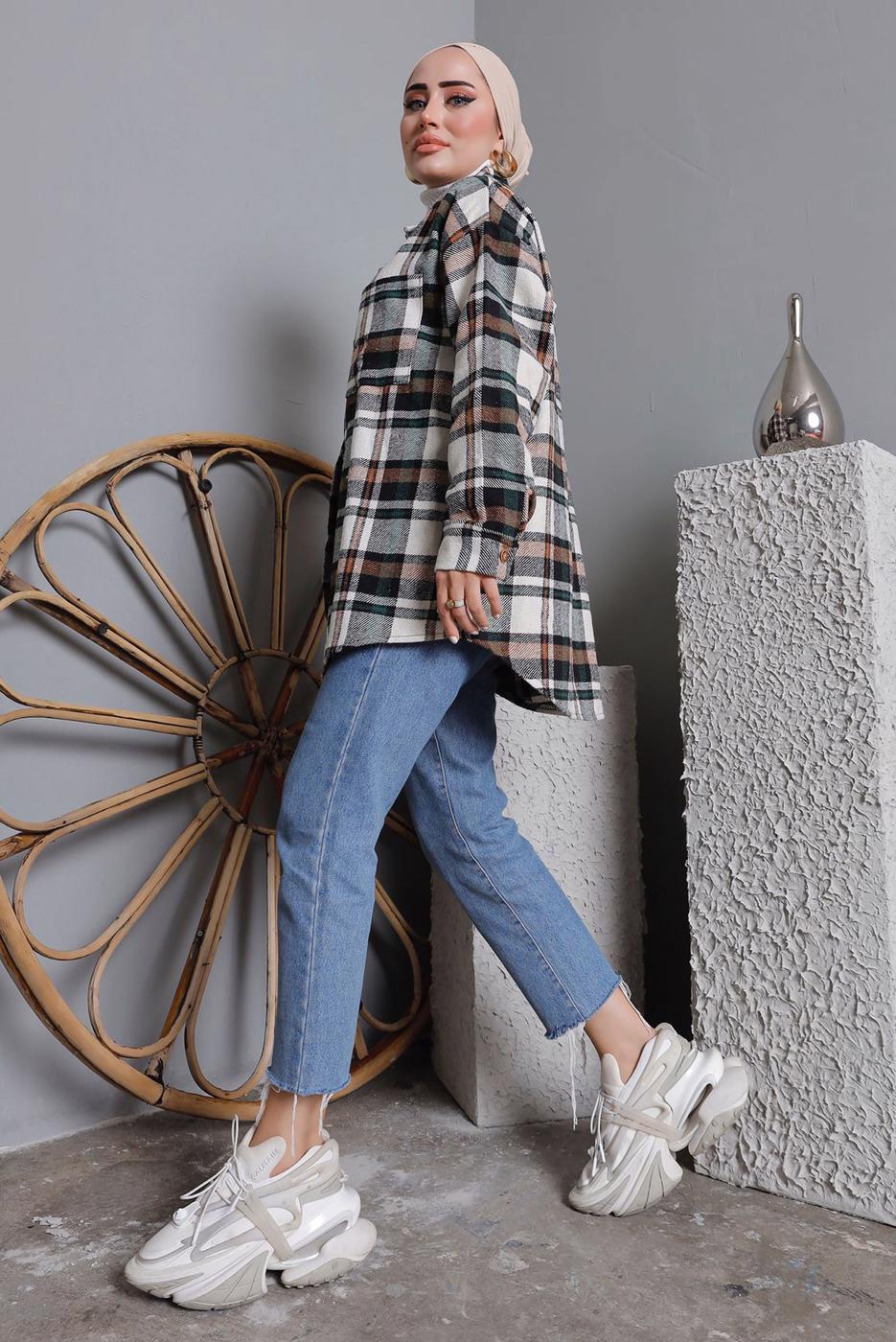 Tesettür giyim YEŞİL DÜĞMELİ EKOSE DESEN ODUNCU GÖMLEK 6582 