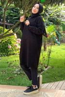 Tesettür giyim SİYAH ŞERİTLİ KAPÜŞONLU TRİKO TUNİK 7634	