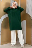 Tesettür giyim YEŞİL ŞERİTLİ KAPÜŞONLU TRİKO TUNİK 7634	