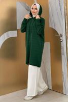 Tesettür giyim YEŞİL ŞERİTLİ KAPÜŞONLU TRİKO TUNİK 7634	