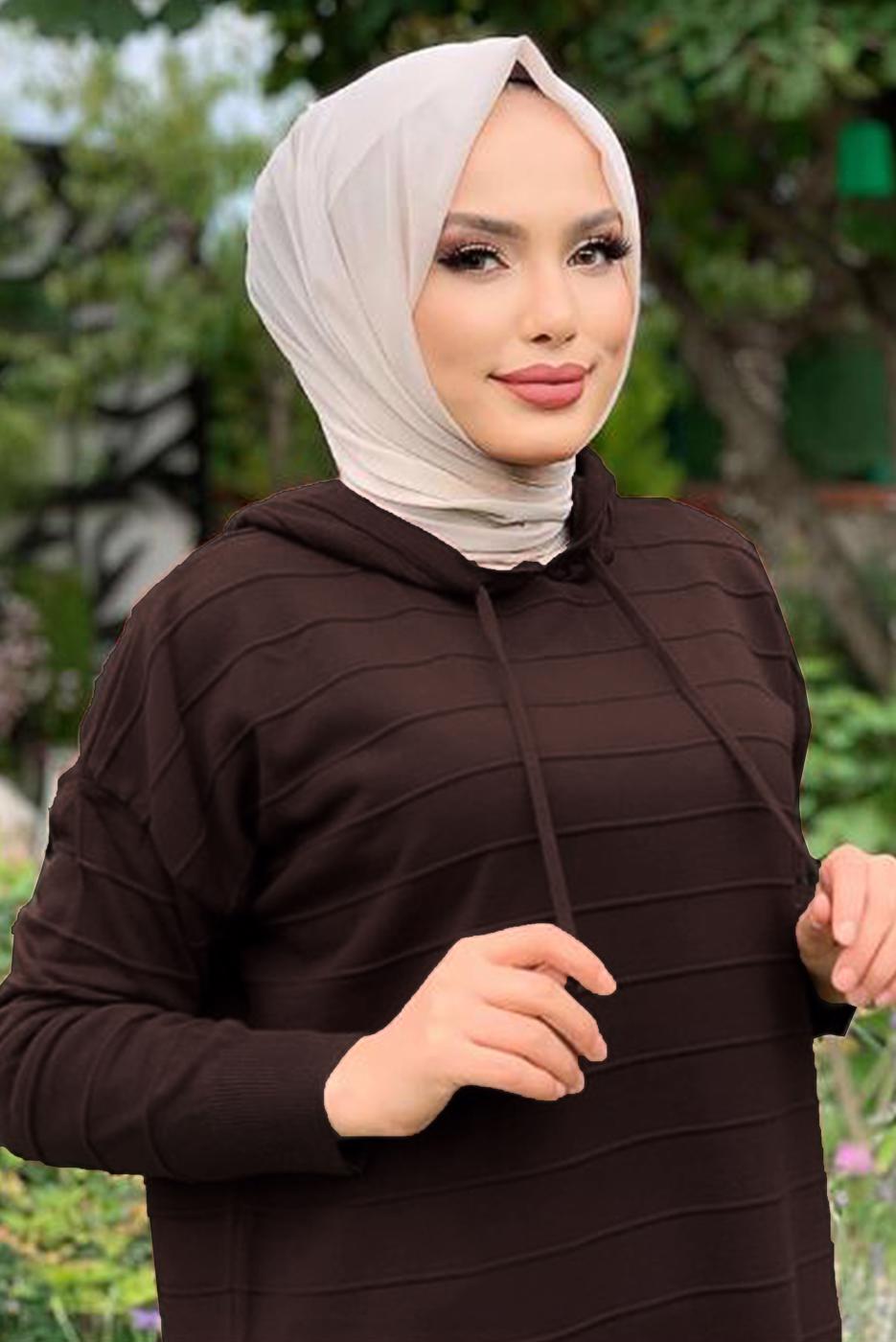 Tesettür giyim KAHVE ŞERİTLİ KAPÜŞONLU TRİKO TUNİK 7634	