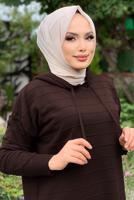 Tesettür giyim KAHVE ŞERİTLİ KAPÜŞONLU TRİKO TUNİK 7634	