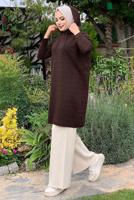 Tesettür giyim KAHVE ŞERİTLİ KAPÜŞONLU TRİKO TUNİK 7634	