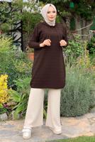 Tesettür giyim KAHVE ŞERİTLİ KAPÜŞONLU TRİKO TUNİK 7634	