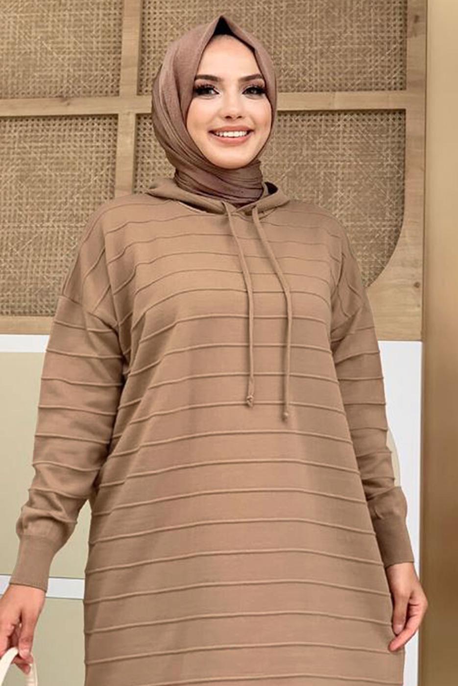 Tesettür giyim TABA ŞERİTLİ KAPÜŞONLU TRİKO TUNİK 7634	