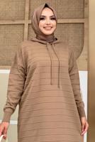 Tesettür giyim TABA ŞERİTLİ KAPÜŞONLU TRİKO TUNİK 7634	