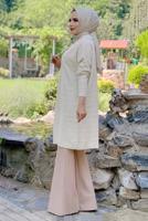 Tesettür giyim BEJ ŞERİTLİ KAPÜŞONLU TRİKO TUNİK 7634	