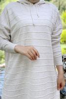 Tesettür giyim BEJ ŞERİTLİ KAPÜŞONLU TRİKO TUNİK 7634	
