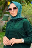 Tesettür giyim YEŞİL ŞERİTLİ KAPÜŞONLU TRİKO TUNİK 7634	