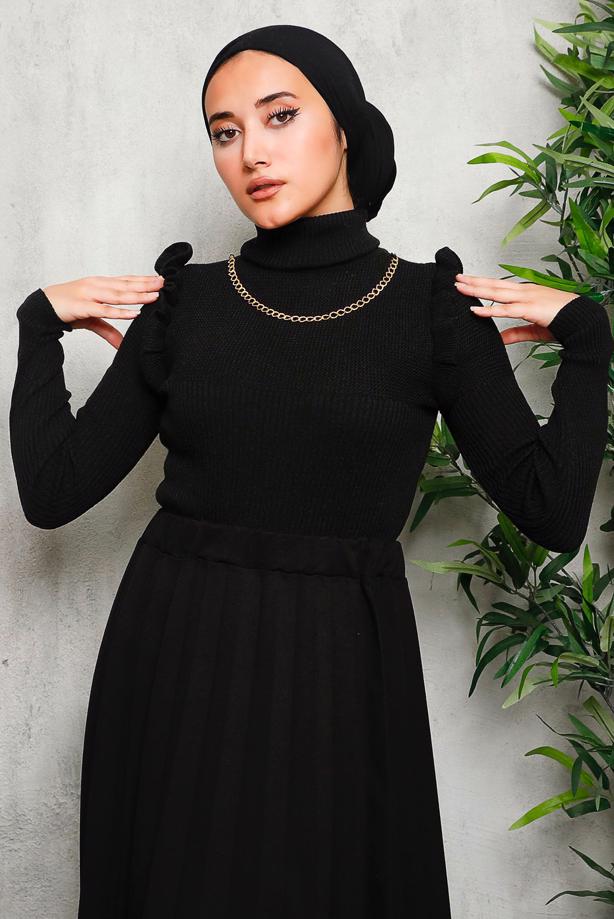 Vêtements hijab NOIR PULL MAILLE DÉTAIL CHAÎNE 8009 - TRENDTESETTÜR