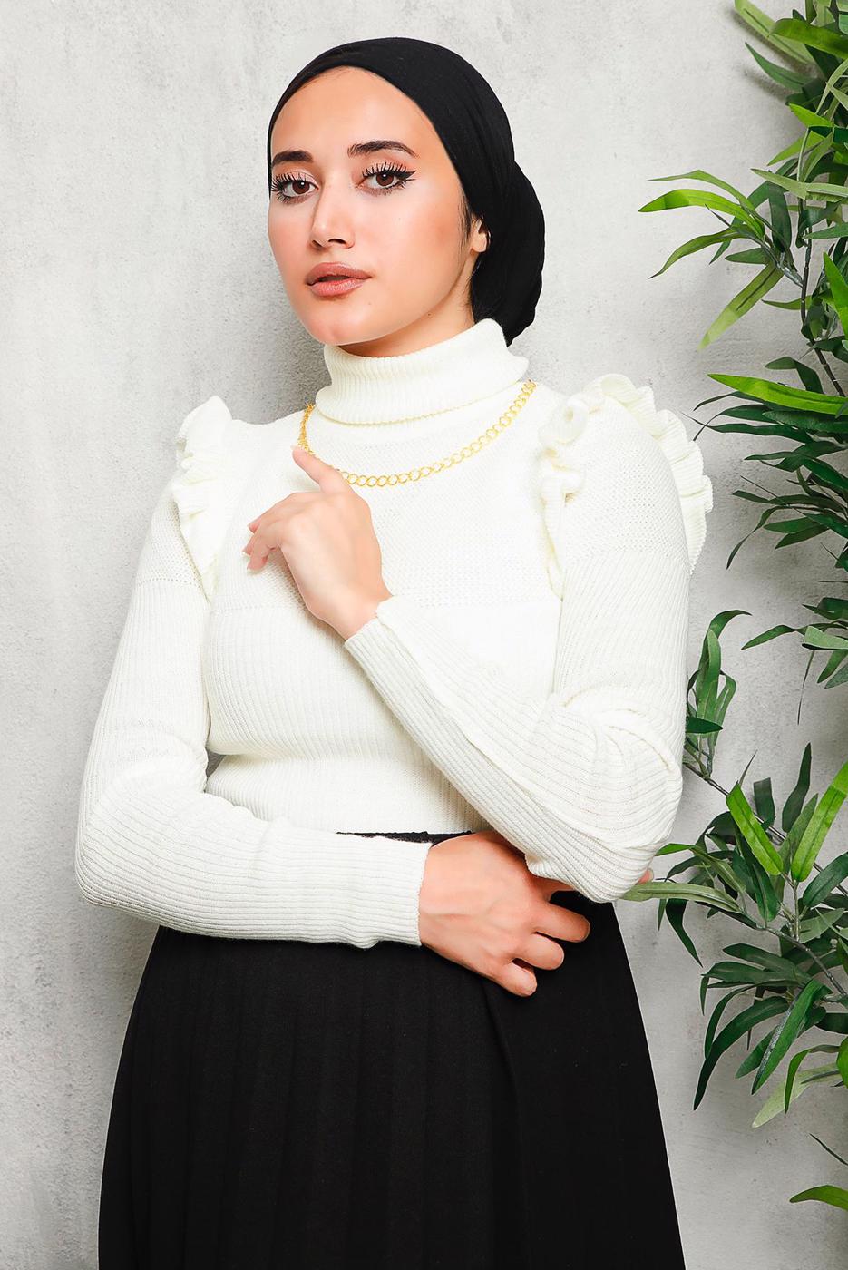 Tesettür giyim KREM ZİNCİR DETAYLI TRİKO KAZAK 8009 