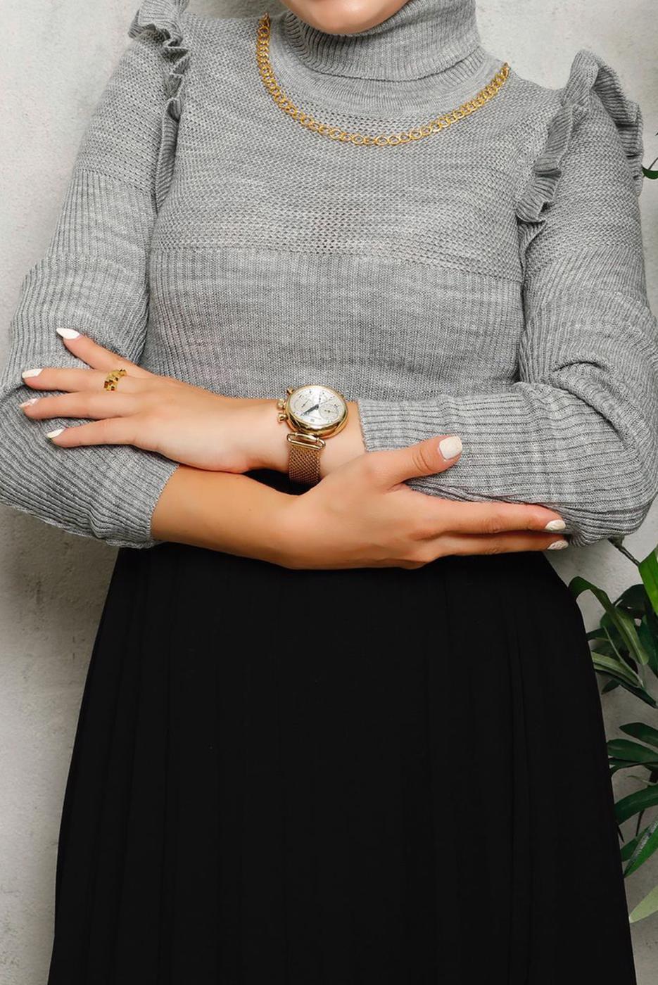 Tesettür giyim GRİ ZİNCİR DETAYLI TRİKO KAZAK 8009 