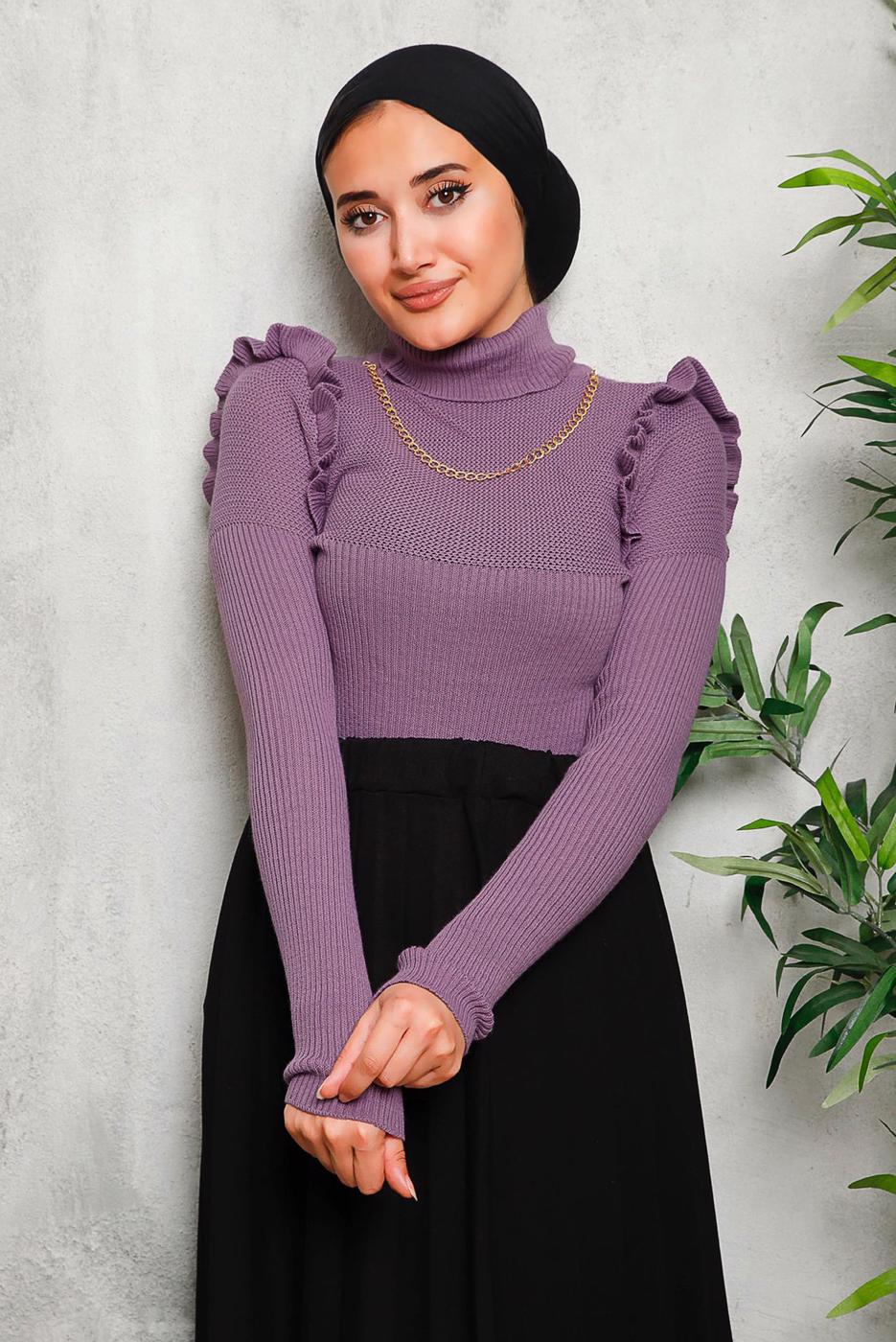 Tesettür giyim MOR ZİNCİR DETAYLI TRİKO KAZAK 8009 