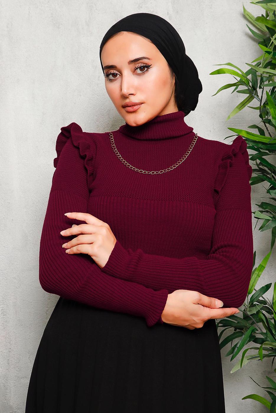 Tesettür giyim BORDO ZİNCİR DETAYLI TRİKO KAZAK 8009 