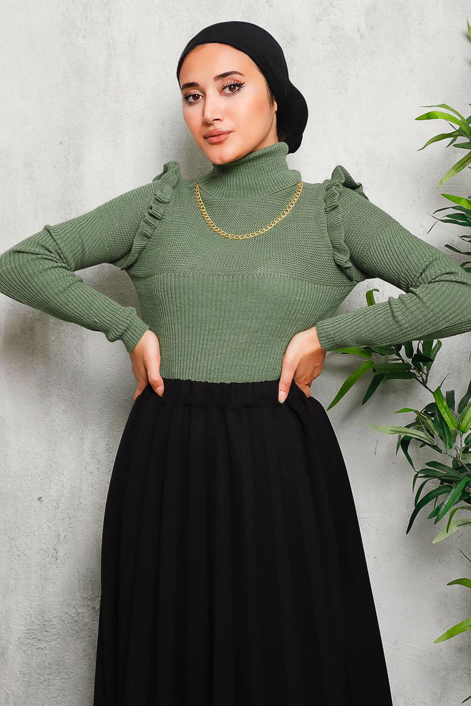 Tesettür giyim HAKİ ZİNCİR DETAYLI TRİKO KAZAK 8009 