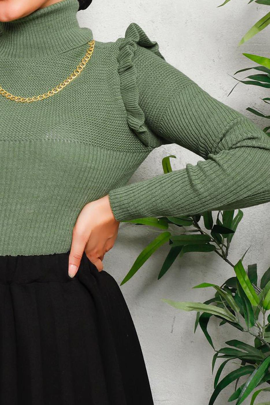 Tesettür giyim HAKİ ZİNCİR DETAYLI TRİKO KAZAK 8009 