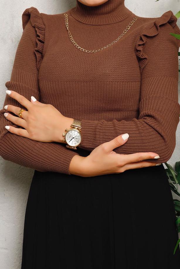 Vêtements hijab BRUN PULL MAILLE DÉTAIL CHAÎNE 8009 - TRENDTESETTÜR