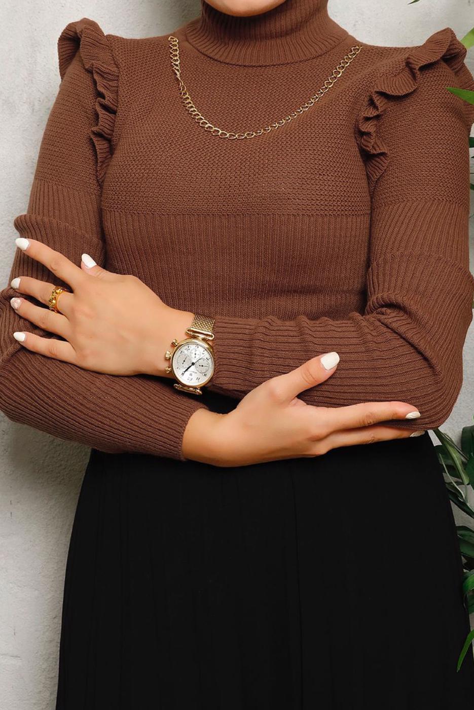 Tesettür giyim KAHVE ZİNCİR DETAYLI TRİKO KAZAK 8009 