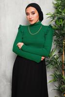 Tesettür giyim YEŞİL ZİNCİR DETAYLI TRİKO KAZAK 8009 
