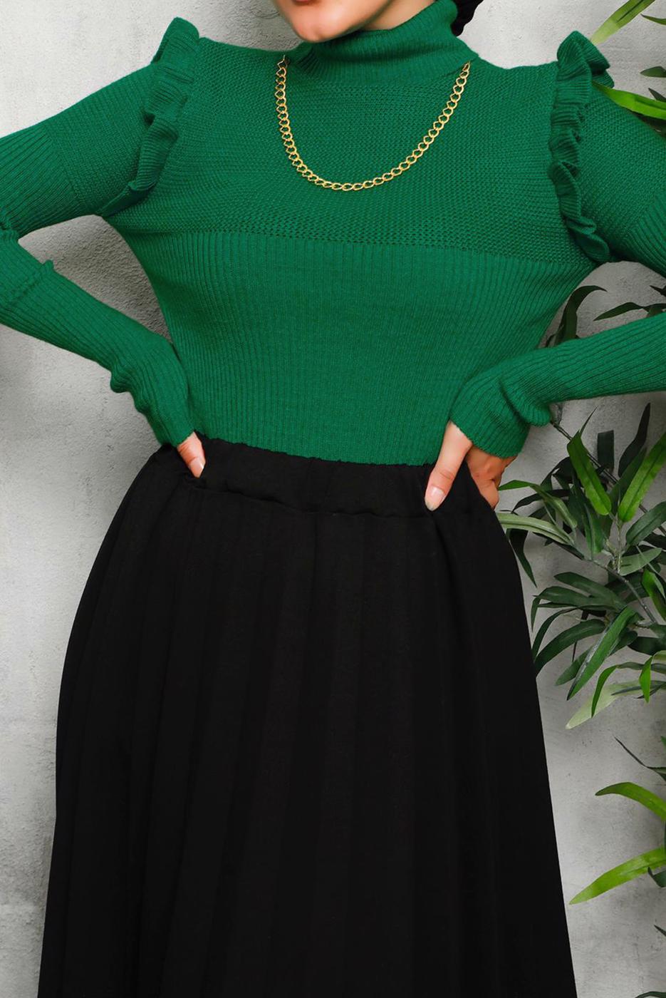 Tesettür giyim YEŞİL ZİNCİR DETAYLI TRİKO KAZAK 8009 
