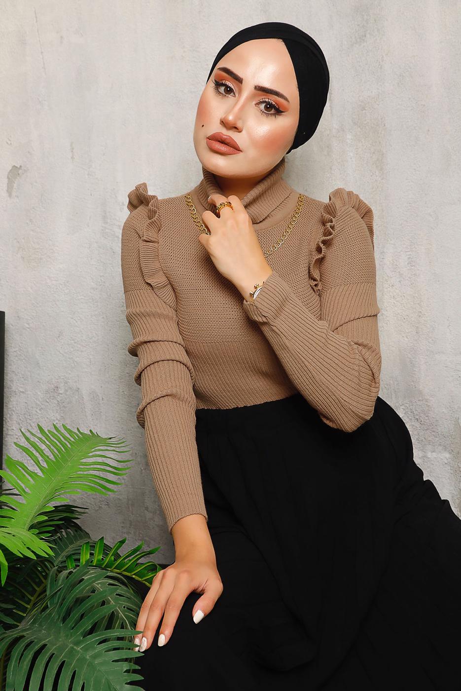 Tesettür giyim VİZON ZİNCİR DETAYLI TRİKO KAZAK 8009 