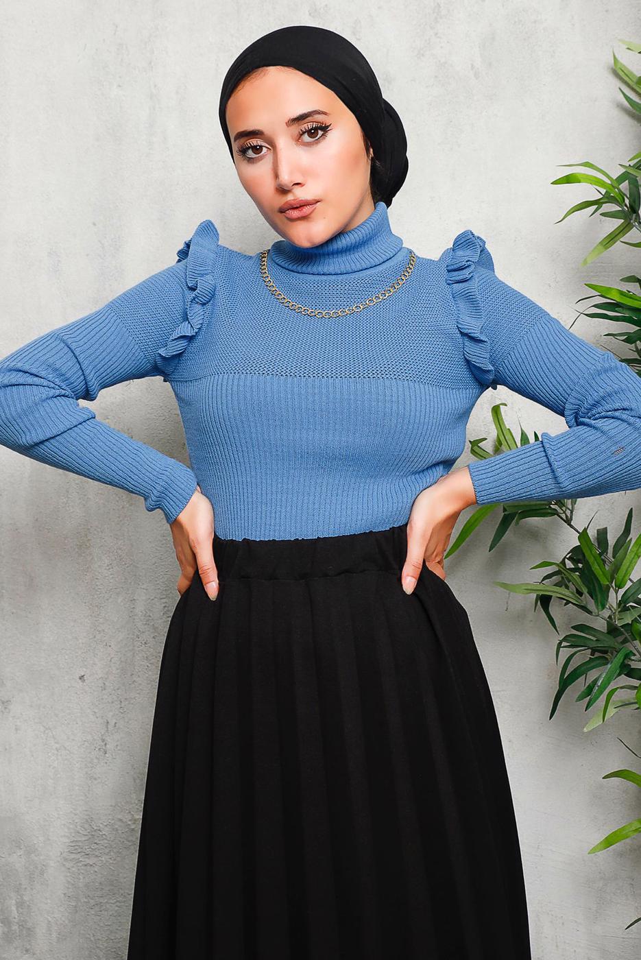 Tesettür giyim LACİVERT ZİNCİR DETAYLI TRİKO KAZAK 8009 