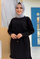 Tesettür giyim SİYAH BELİ BÜZGÜLÜ TRİKO TUNİK 8216 