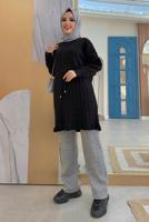 Tesettür giyim SİYAH BELİ BÜZGÜLÜ TRİKO TUNİK 8216 
