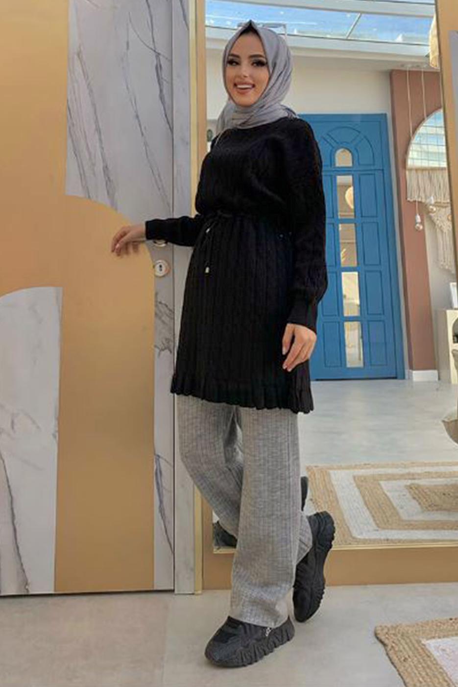 Tesettür giyim SİYAH BELİ BÜZGÜLÜ TRİKO TUNİK 8216 