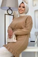 Tesettür giyim KAHVE BELİ BÜZGÜLÜ TRİKO TUNİK 8216 