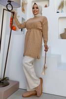 Tesettür giyim KAHVE BELİ BÜZGÜLÜ TRİKO TUNİK 8216 