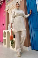 Tesettür giyim BEJ BELİ BÜZGÜLÜ TRİKO TUNİK 8216 