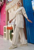 Tesettür giyim BEJ BELİ BÜZGÜLÜ TRİKO TUNİK 8216 