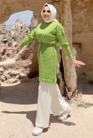 Tesettür giyim YEŞİL BELİ BÜZGÜLÜ TRİKO TUNİK 8216 