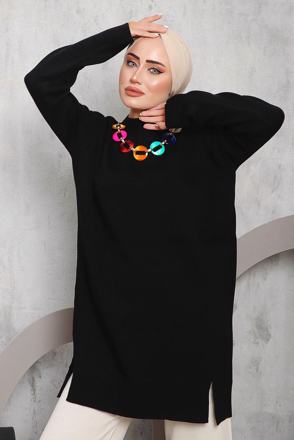 Tesettür giyim SİYAH ÖNÜ ZİNCİR DETAYLI TRİKO TUNİK 8592	