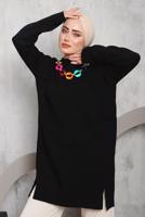 Tesettür giyim SİYAH ÖNÜ ZİNCİR DETAYLI TRİKO TUNİK 8592	