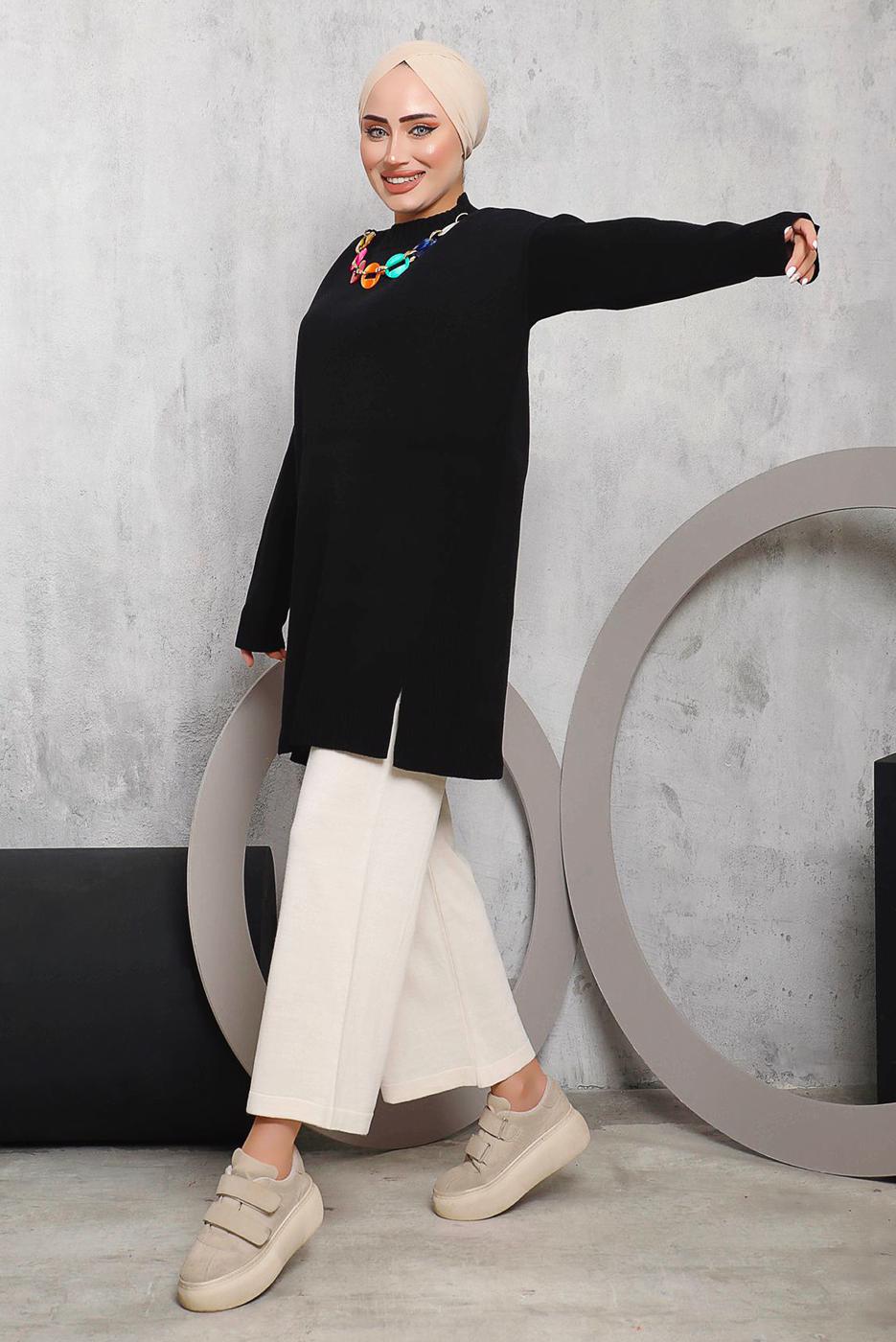 Tesettür giyim SİYAH ÖNÜ ZİNCİR DETAYLI TRİKO TUNİK 8592	