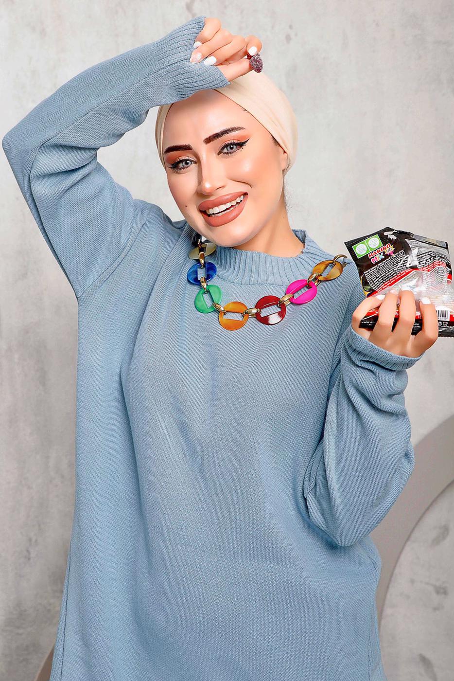 Tesettür giyim MAVİ ÖNÜ ZİNCİR DETAYLI TRİKO TUNİK 8592	