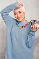 Tesettür giyim MAVİ ÖNÜ ZİNCİR DETAYLI TRİKO TUNİK 8592	
