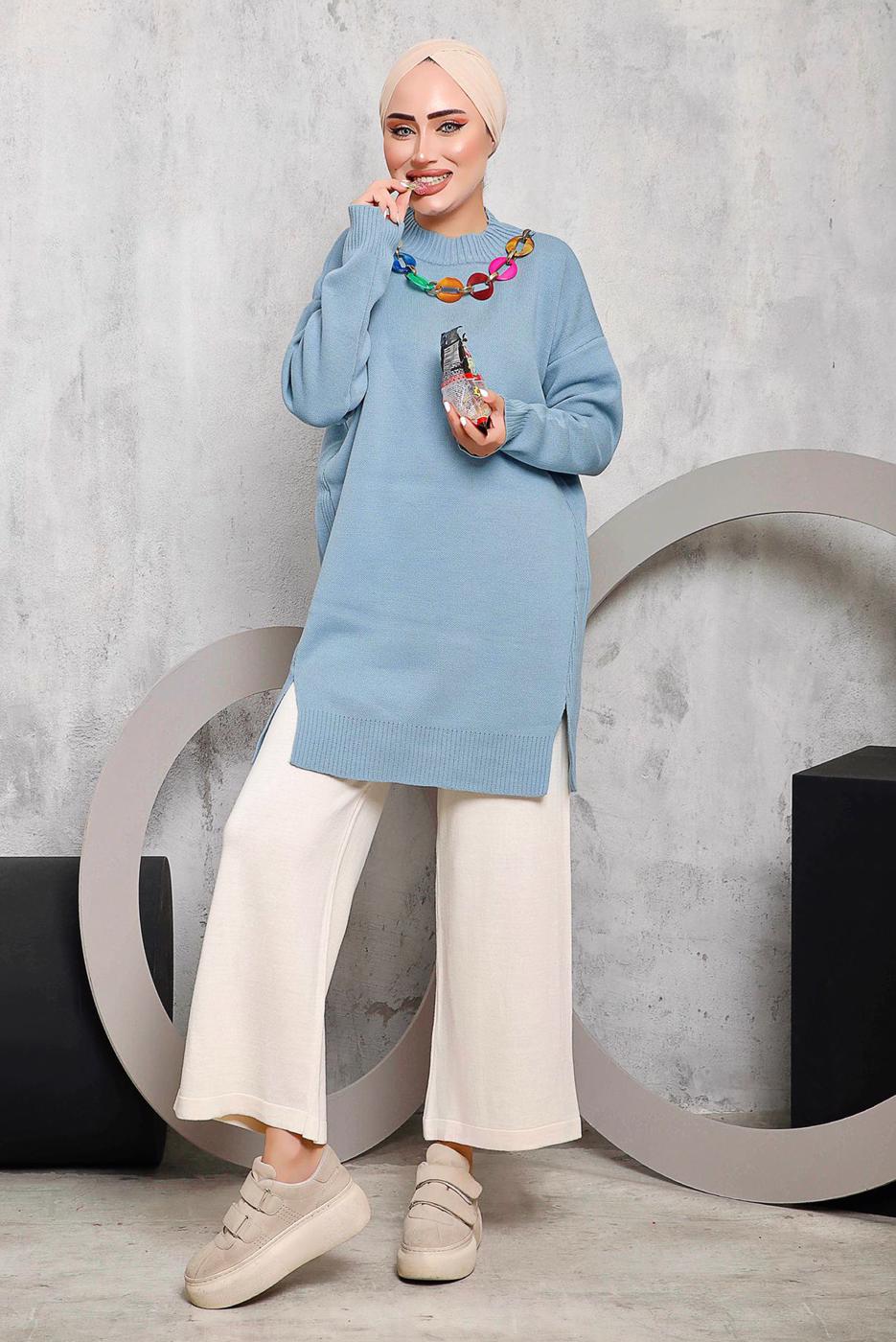 Tesettür giyim MAVİ ÖNÜ ZİNCİR DETAYLI TRİKO TUNİK 8592	