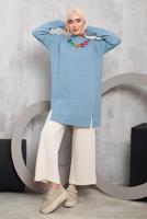 Tesettür giyim MAVİ ÖNÜ ZİNCİR DETAYLI TRİKO TUNİK 8592	