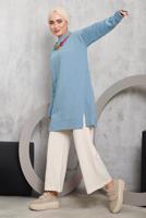 Tesettür giyim MAVİ ÖNÜ ZİNCİR DETAYLI TRİKO TUNİK 8592	