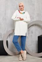 Tesettür giyim EKRU ÖNÜ ZİNCİR DETAYLI TRİKO TUNİK 8592	