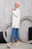 Tesettür giyim EKRU ÖNÜ ZİNCİR DETAYLI TRİKO TUNİK 8592	