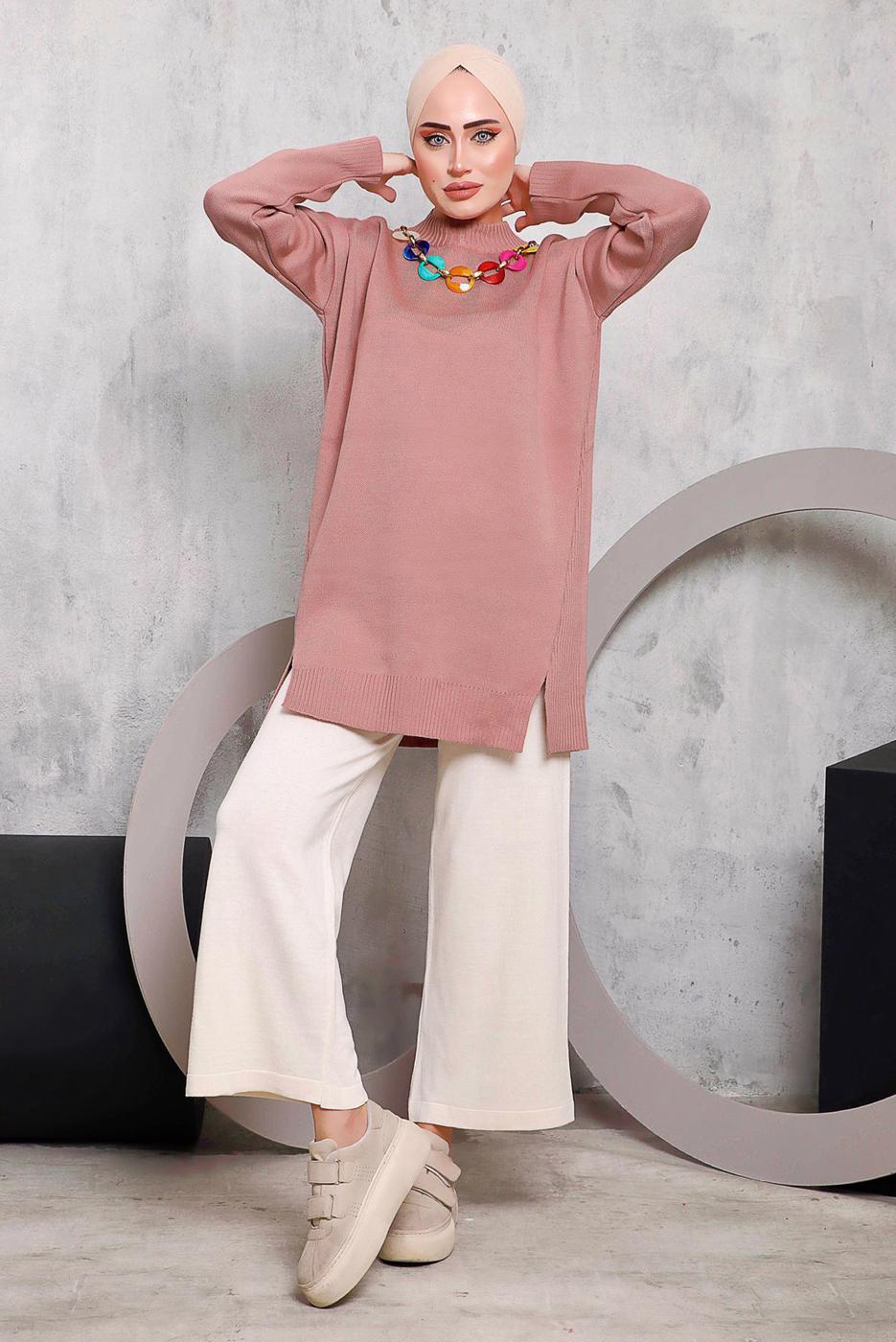 Tesettür giyim PUDRA ÖNÜ ZİNCİR DETAYLI TRİKO TUNİK 8592	